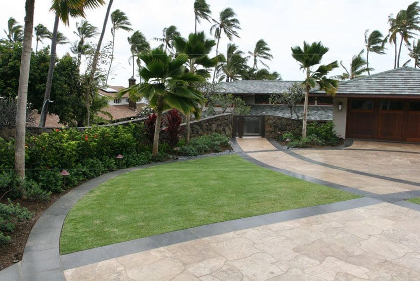 A large yard with palm trees and a walkway.