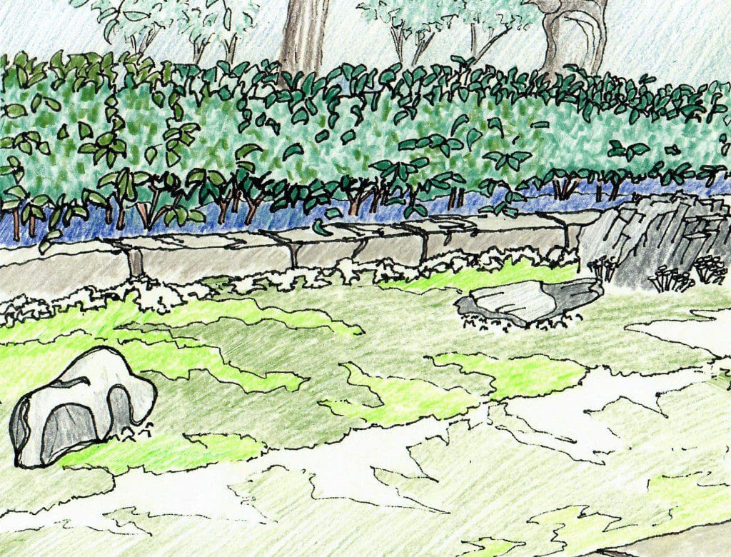 A drawing of animals in the grass near a wall